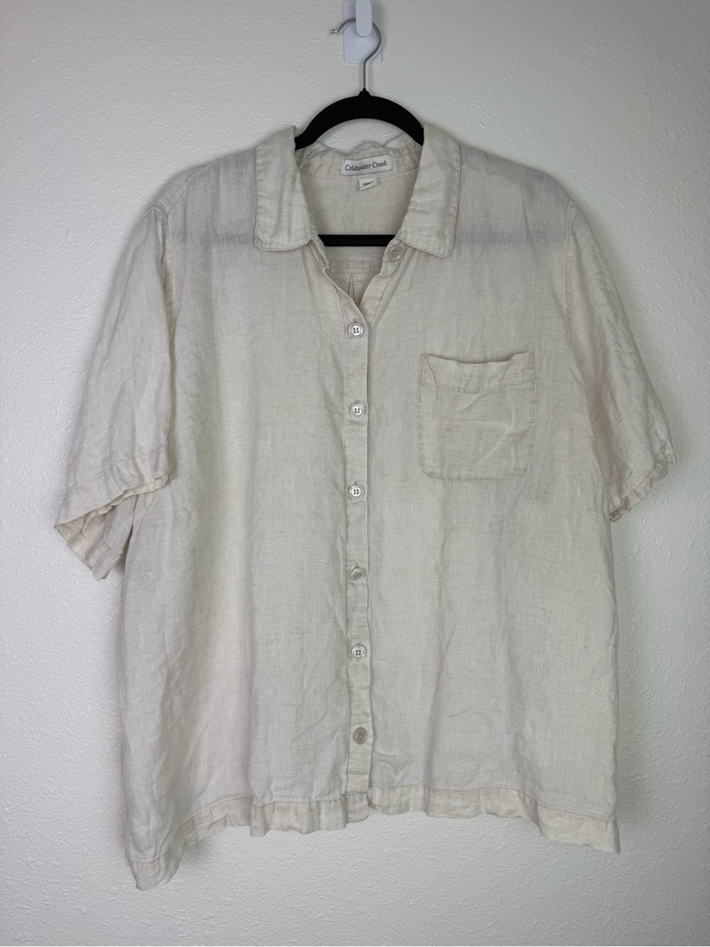COLDWATER CREEK Linen Button Front Short Sleeve Khaki Tan Flax Cream Top size 3x